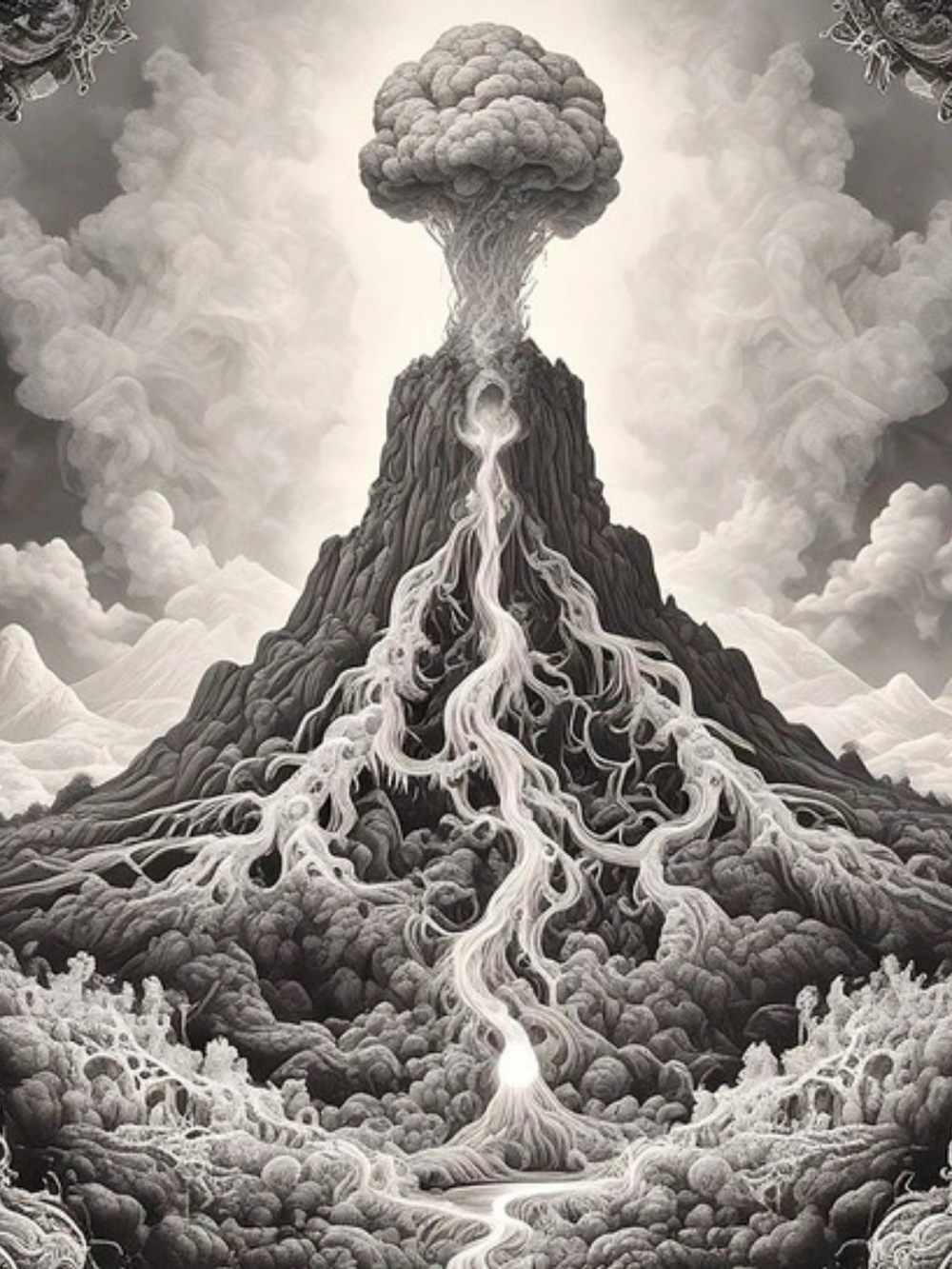 Gothic Volcano Art Print Gray & White